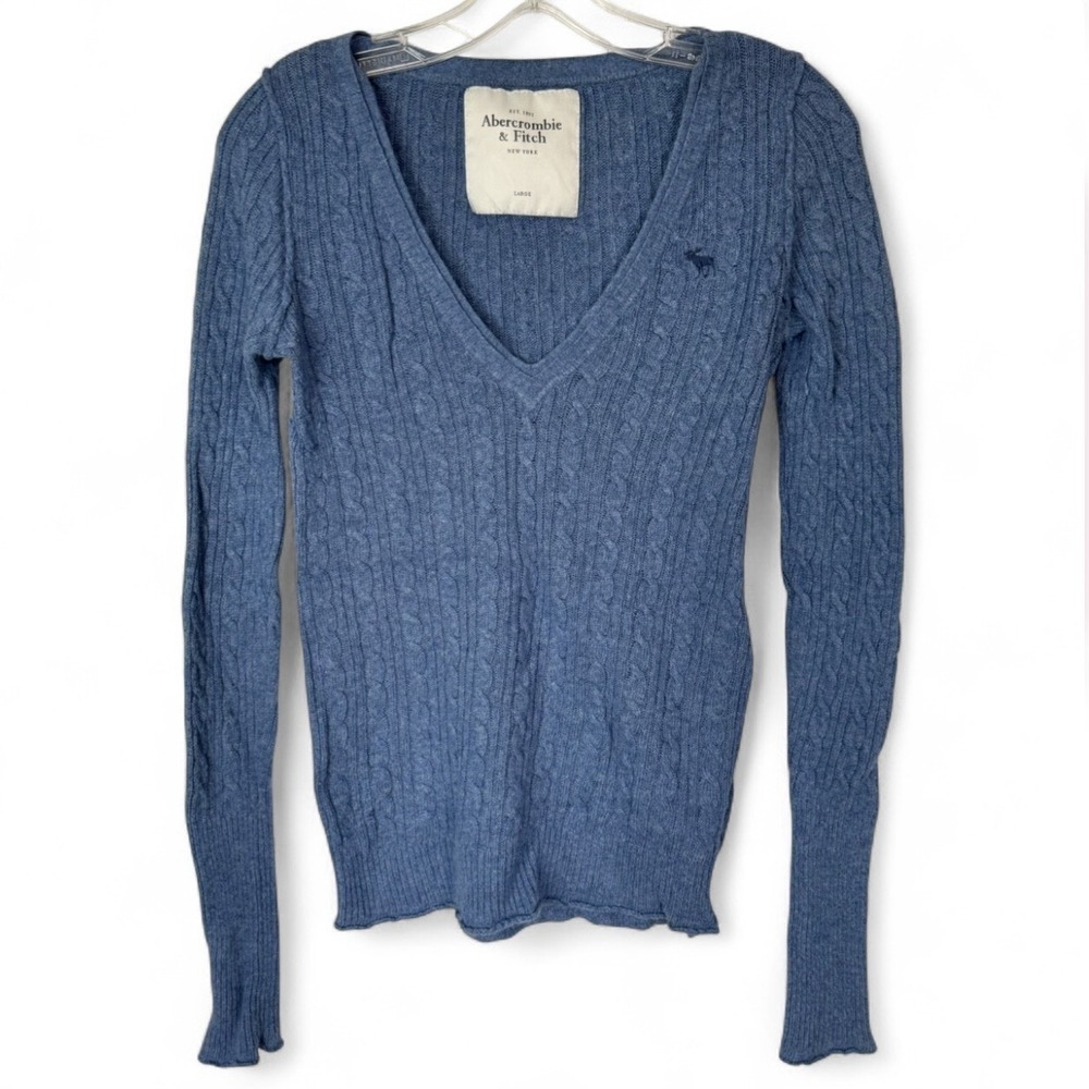 Abercrombie & Fitch Blue Cable Knit Dee V Neck Sweater Large Fitted Preppy Y2K